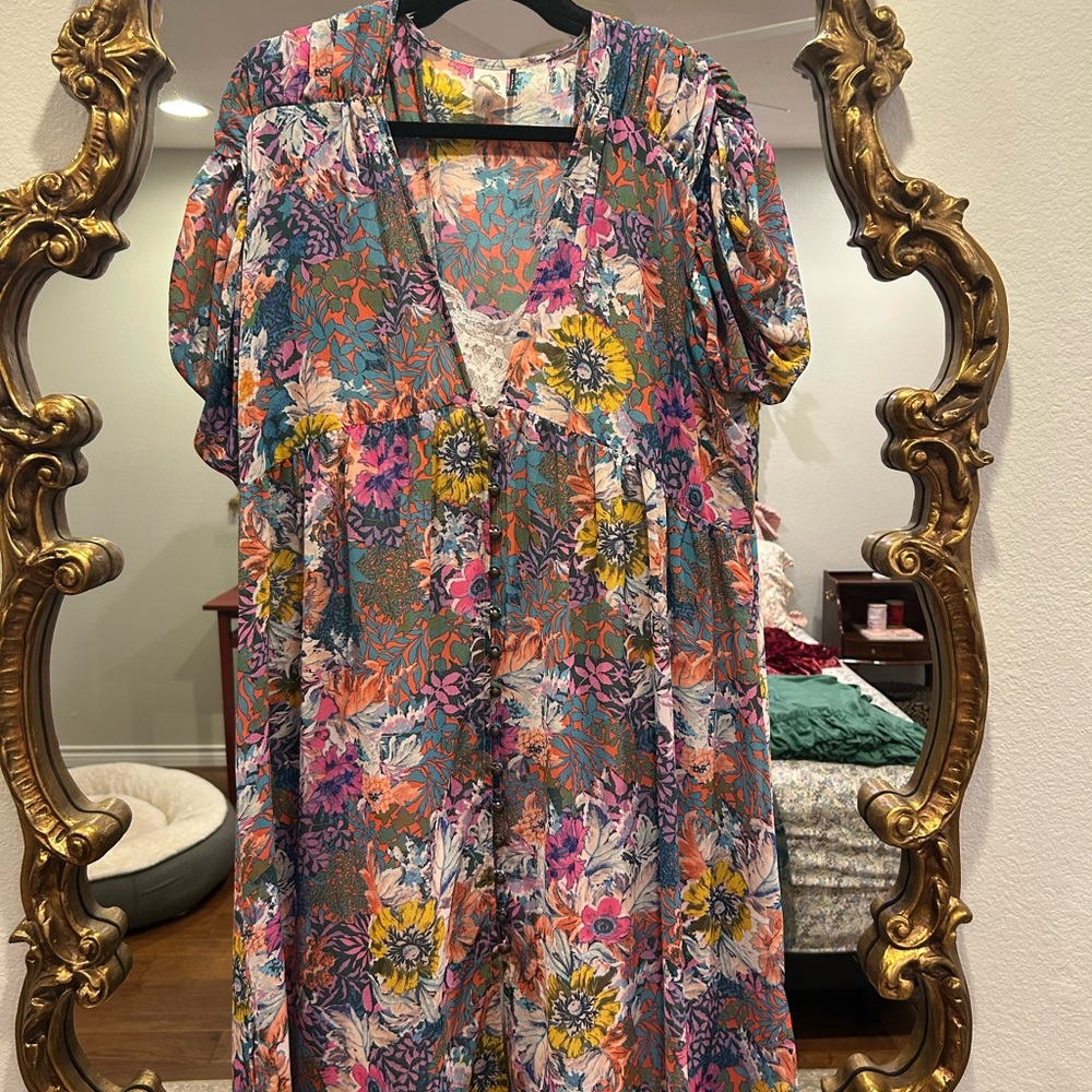 Anthropologie Floral V-Neck Dress Sz Large